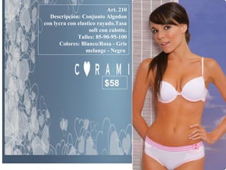 Art. 210 Descripción: Conjunto Algodon con lycra con elastico rayado.Tasa soft con culotte. Talles: 85-90-95-100 Colores: Blanco/Rosa - Gris melange - Negro   $58 