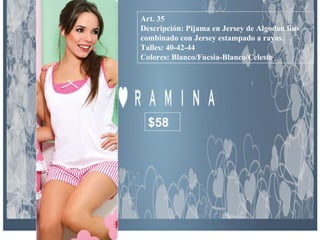 Art. 35 Descripción: Pijama en Jersey de Algodon liso combinado con Jersey estampado a rayas. Talles: 40-42-44 Colores: Blanco/Fucsia-Blanco/Celeste .   $58 