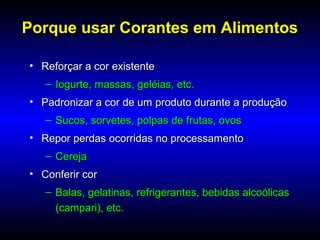 Porque usar Corantes em AlimentosPorque usar Corantes em Alimentos
• Reforçar a cor existenteReforçar a cor existente
– Iogurte, massas, geléias, etc.Iogurte, massas, geléias, etc.
• Padronizar a cor de um produto durante a produçãoPadronizar a cor de um produto durante a produção
– Sucos, sorvetes, polpas de frutas, ovosSucos, sorvetes, polpas de frutas, ovos
• Repor perdas ocorridas no processamentoRepor perdas ocorridas no processamento
– CerejaCereja
• Conferir corConferir cor
– Balas, gelatinas, refrigerantes, bebidas alcoólicasBalas, gelatinas, refrigerantes, bebidas alcoólicas
(campari), etc.(campari), etc.
 