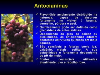 AntocianinasAntocianinas
 Flavonóide amplamente distribuído naFlavonóide amplamente distribuído na
natureza, capaz de absorvernatureza, capaz de absorver
fortemente no visívelfortemente no visível  laranja,laranja,
vermelho, púrpura e azul.vermelho, púrpura e azul.
 Quimicamente pode ser definida comoQuimicamente pode ser definida como
glicosídeos de antociaidinas.glicosídeos de antociaidinas.
 Dependendo do grau de acidez ouDependendo do grau de acidez ou
alcalinidade, as antocianinas adotamalcalinidade, as antocianinas adotam
diferentes estruturas químicas em meiodiferentes estruturas químicas em meio
aquoso.aquoso.
 São sensíveis a fatores como luz,São sensíveis a fatores como luz,
oxigênio, metais, sulfito. A suaoxigênio, metais, sulfito. A sua
estabilidade é fortemente dependenteestabilidade é fortemente dependente
do pH do meio.do pH do meio.
 Fontes comerciais utilizadasFontes comerciais utilizadas
atualmente: uva e repolho roxo.atualmente: uva e repolho roxo.
 