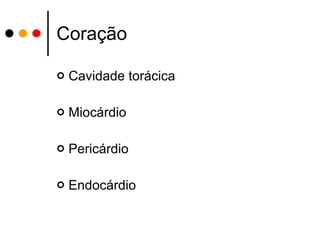 Coração Cavidade torácica Miocárdio Pericárdio Endocárdio 
