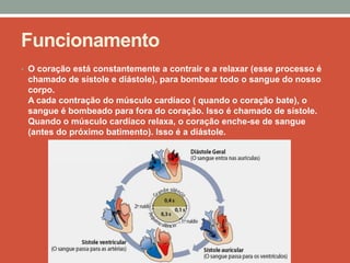 Funcionamento
• O coração está constantemente a contrair e a relaxar (esse processo é
 chamado de sístole e diástole), para bombear todo o sangue do nosso
 corpo.
 A cada contração do músculo cardíaco ( quando o coração bate), o
 sangue é bombeado para fora do coração. Isso é chamado de sístole.
 Quando o músculo cardíaco relaxa, o coração enche-se de sangue
 (antes do próximo batimento). Isso é a diástole.
 