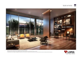 SALÃO DE FESTAS

Perspectiva ilustrada do Salão de Festas com sugestão de decoração e de paisagismo.
Os acabamentos e/ou revestimentos serão entregues conforme o Memorial Descritivo do Empreendimento anexo ao contrato.
O empreendimento será entregue com vegetação implantada em forma de mudas e a ilustração artística representa a fase adulta das espécies constantes no projeto executivo de paisagismo.

 