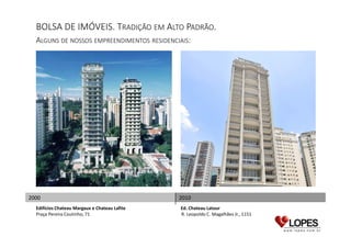 BOLSA DE IMÓVEIS. TRADIÇÃO EM ALTO PADRÃO.
ALGUNS DE NOSSOS EMPREENDIMENTOS RESIDENCIAIS:

2000
Edifícios Chateau Margaux e Chateau Lafite
Praça Pereira Coutinho, 71

2010
Ed. Chateau Latour
R. Leopoldo C. Magalhães Jr., 1151

 