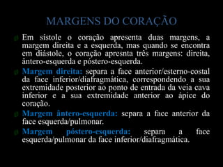 MARGENS DO CORAÇÃO
ø Em sístole o coração apresenta duas margens, a
  margem direita e a esquerda, mas quando se encontra
  em diástole, o coração apresnta três margens: direita,
  ântero-esquerda e póstero-esquerda.
ø Margem direita: separa a face anterior/esterno-costal
  da face inferior/diafragmática, correspondendo a sua
  extremidade posterior ao ponto de entrada da veia cava
  inferior e a sua extremidade anterior ao ápice do
  coração.
ø Margem ântero-esquerda: separa a face anterior da
  face esquerda/pulmonar.
ø Margem       póstero-esquerda:      separa   a    face
  esquerda/pulmonar da face inferior/diafragmática.
 