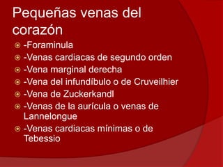 Pequeñas venas del
corazón
 -Foraminula
 -Venas cardiacas de segundo orden
 -Vena marginal derecha
 -Vena del infundíbulo o de Cruveilhier
 -Vena de Zuckerkandl
 -Venas de la aurícula o venas de
Lannelongue
 -Venas cardiacas mínimas o de
Tebessio
 