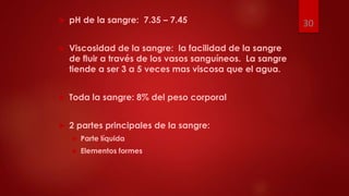 pH de la sangre: 7.35 – 7.45
 Viscosidad de la sangre: la facilidad de la sangre
de fluir a través de los vasos sanguíneos. La sangre
tiende a ser 3 a 5 veces mas viscosa que el agua.
 Toda la sangre: 8% del peso corporal
 2 partes principales de la sangre:
 Parte líquida
 Elementos formes
30
 