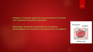  Antígeno: Cualquier sustancia que provoque en el cuerpo
una respuesta inmunitaria específica
 Anticuerpo: proteínas producidas por el sistema
inmunológico, en respuesta a la presencia de un antígeno
44
 