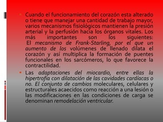  Cuando el funcionamiento del corazón esta alterado
o tiene que manejar una cantidad de trabajo mayor,
varios mecanismos fisiológicos mantienen la presión
arterial y la perfusión hacia los órganos vitales. Los
más importantes son los siguientes:
El mecanismo de Frank-Starling, por el que un
aumento de los volúmenes de llenado dilata el
corazón y así multiplica la formación de puentes
funcionales en los sarcómeros, lo que favorece la
contractilidad.
 Las adaptaciones del miocardio, entre ellas la
hipertrofia con dilatación de las cavidades cardíacas o
no. El conjunto de cambios moleculares, celulares y
estructurales acaecidos como reacción a una lesión o
las modificaciones en las condiciones de carga se
denominan remodelación ventricular.
 