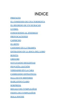 INDICE
PREFACIO
EL COMIENZO DE UNA TORMENTA
EL REGRESO DE UN HURACAN
LUZBEL
CONOCIENDO AL ENEMIGO
PROVOCACIONES
CAPRICHO
EL RETO
CAYENDO EN LA TRAMPA
ENTRANDO EN LA BOCA DEL LOBO
BONITA
GRIGORI
OCULTANDO MOLESTIAS
PEQUEÑA LECCIÓN
VERDADES EN LA CARA
CAMBIANDO ESTRATEGIA
ELLA ES UN MISTERIO
HABLANDO CLARO
SORPRESA
REGALO DE CUMPLEAÑOS
FIESTA DE CUMPLEAÑOS
MALA NOCHE
 
