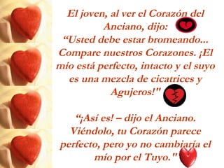 El joven, al ver el Corazón del Anciano, dijo: “ Usted debe estar bromeando... Compare nuestros Corazones. ¡El mío está perfecto, intacto y el suyo es una mezcla de cicatrices y Agujeros!" “ ¡Así es! – dijo el Anciano. Viéndolo, tu Corazón parece perfecto, pero yo no cambiaría el mío por el Tuyo." 