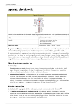 Aparato circulatorio                                                                                                                1



    Aparato circulatorio
                                                       Aparato circulatorio




    Esquema del sistema cardiovascular, mostrando las arterias y venas principales (en color rojo y azul respectivamente) para la
                                                     circulación sanguínea
    Latín                                                         Systema cardiovasculare
    Función                                                       •   Transporte de sustancias nutritivas
                                                                  •   Transporte de desecho celular
                                                                  •   Defensas autoinmunes
    Estructuras básicas                                           Arterias, Venas, Sangre, Corazón, Capilares

    El aparato circulatorio o sistema circulatorio es la estructura anatómica que comprende conjuntamente tanto al
    sistema cardiovascular que conduce y hace circular la sangre, como al sistema linfático, que conduce la linfa.
    Su función principal es la de pasar nutrientes (tales como aminoácidos, electrolitos y linfa), gases, hormonas, células
    sanguíneas, etc. a las células del cuerpo, recoger los desechos metabólicos que se han de eliminar después por los
    riñones, en la orina, y por el aire exhalado en los pulmones, rico en dióxido de carbono (CO2). Además, defiende el
    cuerpo de infecciones y ayuda a estabilizar la temperatura y el pH para poder mantener la homeostasis.


    Tipos de sistemas circulatorios
    Existen dos tipos:
    • Sistema circulatorio cerrado: Consiste en una serie de vasos sanguíneos por los que, sin salir de ellos, viaja la
      sangre. El material transportado por ella llega a los tejidos a través de difusión. Es característico de anélidos,
      moluscos cefalópodos y de todos los vertebrados, incluido el ser humano.
    • Sistema circulatorio abierto: La sangre bombeada por el corazón viaja a través de todos los vasos sanguíneos,
      con lo cual irriga directamente las células, regresando luego por distintos mecanismos. Este tipo de sistema se
      presenta en muchos invertebrados, entre ellos los artrópodos, que incluyen a los crustáceos, las arañas y los
      insectos; y los moluscos no cefalópodos, como caracoles y almejas. Estos animales tienen uno o varios corazones,
      una red de vasos sanguíneos y un espacio abierto grande en el cuerpo llamado hemocele.[1]


    División en circuítos
    La circulación de la sangre puede dividirse en dos ciclos, tomando como punto de partida el corazón.[2]
    • Circulación mayor o circulación somática o general. El recorrido de la sangre comienza en el ventrículo
      izquierdo del corazón, cargada de oxígeno, y se extiende por la arteria aorta y sus ramas arteriales hasta el sistema
      capilar, donde se forman las venas que contienen sangre pobre en oxígeno. Desembocan en una de las dos venas
      cavas (superior e inferior) que drenan en la aurícula derecha del corazón.
 