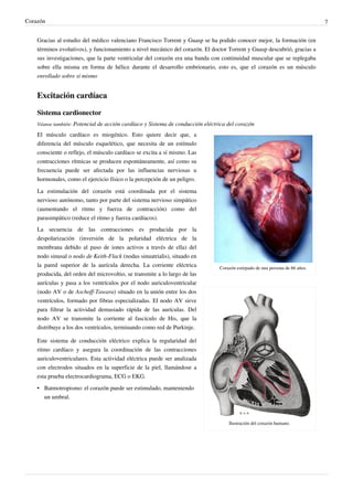 Corazón                                                                                                                       7


    Gracias al estudio del médico valenciano Francisco Torrent y Guasp se ha podido conocer mejor, la formación (en
    términos evolutivos), y funcionamiento a nivel mecánico del corazón. El doctor Torrent y Guasp descubrió, gracias a
    sus investigaciones, que la parte ventricular del corazón era una banda con continuidad muscular que se replegaba
    sobre ella misma en forma de hélice durante el desarrollo embrionario, esto es, que el corazón es un músculo
    enrollado sobre si mismo


    Excitación cardíaca

    Sistema cardionector
    Véanse también: Potencial de acción cardíaco y Sistema de conducción eléctrica del corazón

    El músculo cardíaco es miogénico. Esto quiere decir que, a
    diferencia del músculo esquelético, que necesita de un estímulo
    consciente o reflejo, el músculo cardíaco se excita a sí mismo. Las
    contracciones rítmicas se producen espontáneamente, así como su
    frecuencia puede ser afectada por las influencias nerviosas u
    hormonales, como el ejercicio físico o la percepción de un peligro.

    La estimulación del corazón está coordinada por el sistema
    nervioso autónomo, tanto por parte del sistema nervioso simpático
    (aumentando el ritmo y fuerza de contracción) como del
    parasimpático (reduce el ritmo y fuerza cardíacos).
    La secuencia de las contracciones es producida por la
    despolarización (inversión de la polaridad eléctrica de la
    membrana debido al paso de iones activos a través de ella) del
    nodo sinusal o nodo de Keith-Flack (nodus sinuatrialis), situado en
    la pared superior de la aurícula derecha. La corriente eléctrica           Corazón estirpado de una persona de 66 años.
    producida, del orden del microvoltio, se transmite a lo largo de las
    aurículas y pasa a los ventrículos por el nodo auriculoventricular
    (nodo AV o de Aschoff-Tawara) situado en la unión entre los dos
    ventrículos, formado por fibras especializadas. El nodo AV sirve
    para filtrar la actividad demasiado rápida de las aurículas. Del
    nodo AV se transmite la corriente al fascículo de His, que la
    distribuye a los dos ventrículos, terminando como red de Purkinje.

    Este sistema de conducción eléctrico explica la regularidad del
    ritmo cardíaco y asegura la coordinación de las contracciones
    auriculoventriculares. Esta actividad eléctrica puede ser analizada
    con electrodos situados en la superficie de la piel, llamándose a
    esta prueba electrocardiograma, ECG o EKG.
    • Batmotropismo: el corazón puede ser estimulado, manteniendo
      un umbral.



                                                                                   Ilustración del corazón humano.
 