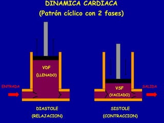 DINAMICA CARDÍACA 
(Patrón cíclico con 2 fases) 
VDF 
(LLENADO) 
ENTRADA SALIDA 
DIASTOLE 
(RELAJACION) 
VSF 
(VACIADO) 
SISTOLE 
(CONTRACCION) 
 