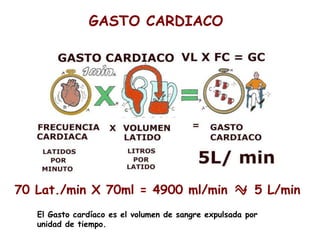 GASTO CARDIACO 
70 Lat./min X 70ml = 4900 ml/min 5 L/min 
El Gasto cardíaco es el volumen de sangre expulsada por 
unidad de tiempo. 
 