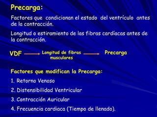 Precarga: 
Factores que condicionan el estado del ventrículo antes 
de la contracción. 
Longitud o estiramiento de las fibras cardíacas antes de 
la contracción. 
VDF Longitud de fibras 
musculares 
Precarga 
Factores que modifican la Precarga: 
1. Retorno Venoso 
2. Distensibilidad Ventricular 
3. Contracción Auricular 
4. Frecuencia cardiaca (Tiempo de llenado). 
 