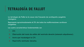 TETRALOGÍA DE FALLOT
La tetralogía de Fallot es la causa más frecuente de cardiopatía congénita
cianógena.
Representa aproximadamente el 5% de todas las malformaciones cardíacas
congénitas
Las cuatro características fundamentales son
1. CIV.
2. Obstrucción del tracto de salida del ventrículo derecho (estenosis subpulmonar).
3. Aorta que «acabalga» la CIV.
4. Hipertrofia ventricular derecha.
 