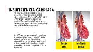 INSUFICIENCIA CARDIACA
La insuficiencia cardíaca se suele
denominar insuficiencia cardíaca
co11gesticongestivava (ICC). Este es el
criterio de valoración común de
muchas formas de cardiopatía y,
típicamente, es un trastorno progresivo
con un pronóstico muy malo.
La ICC aparece cuando el corazón no
consigue generar un gasto suficiente
para satisfacer las demandas
metabólicas de los tejidos -o cuando
solo consigue satisfacerlas con unas
presiones de llenado superiores a las
normales.
 
