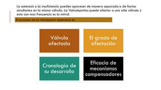 La estenosis o la insuficiencia pueden aparecer de manera separada o de forma
simultanea en la misma válvula. La Valvulopatias puede afectar a una sola válvula y
esta con mas frecuencia es la mitral.
Válvula
afectada
El grado de
afectación
Cronología de
su desarrollo
Eficacia de
mecanismos
compensadores
El pronostico de las Valvulopatias dependerá de:
 