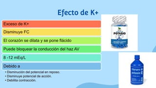 Efecto de K+
Exceso de K+
Disminuye FC
El corazón se dilata y se pone flácido
Puede bloquear la conducción del haz AV
8 -12 mEq/L
Debido a
• Disminución del potencial en reposo.
• Disminuye potencial de acción.
• Debilita contracción.
 