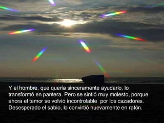 Y el hombre, que quería sinceramente ayudarlo, lo transformó en pantera. Pero se sintió muy molesto, porque ahora el temor se volvió incontrolable  por los cazadores. Desesperado el sabio, lo convirtió nuevamente en ratón.  