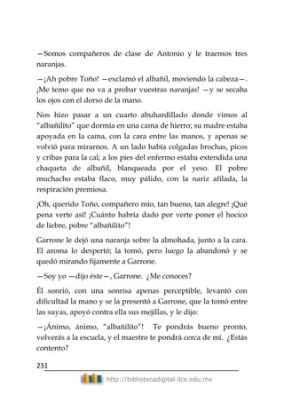 231
http://bibliotecadigital.ilce.edu.mx
—Somos compañeros de clase de Antonio y le traemos tres
naranjas.
—¡Ah pobre Toño! —exclamó el albañil, moviendo la cabeza—.
¡Me temo que no va a probar vuestras naranjas! —y se secaba
los ojos con el dorso de la mano.
Nos hizo pasar a un cuarto abuhardillado donde vimos al
―albañilito‖ que dormía en una cama de hierro; su madre estaba
apoyada en la cama, con la cara entre las manos, y apenas se
volvió para mirarnos. A un lado había colgadas brochas, picos
y cribas para la cal; a los pies del enfermo estaba extendida una
chaqueta de albañil, blanqueada por el yeso. El pobre
muchacho estaba flaco, muy pálido, con la nariz afilada, la
respiración premiosa.
¡Oh, querido Toño, compañero mío, tan bueno, tan alegre! ¡Qué
pena verte así! ¡Cuánto habría dado por verte poner el hocico
de liebre, pobre ―albañilito‖!
Garrone le dejó una naranja sobre la almohada, junto a la cara.
El aroma lo despertó; la tomó, pero luego la abandonó y se
quedó mirando fijamente a Garrone.
—Soy yo —dijo éste—, Garrone. ¿Me conoces?
Él sonrió, con una sonrisa apenas perceptible, levantó con
dificultad la mano y se la presentó a Garrone, que la tomó entre
las suyas, apoyó contra ella sus mejillas, y le dijo:
—¡Ánimo, ánimo, ―albañilito‖! Te pondrás bueno pronto,
volverás a la escuela, y el maestro te pondrá cerca de mí. ¿Estás
contento?
 