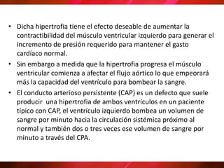 • Dicha hipertrofia tiene el efecto deseable de aumentar la
contractibilidad del músculo ventricular izquierdo para generar el
incremento de presión requerido para mantener el gasto
cardíaco normal.
• Sin embargo a medida que la hipertrofia progresa el músculo
ventricular comienza a afectar el flujo aórtico lo que empeorará
más la capacidad del ventrículo para bombear la sangre.
• El conducto arterioso persistente (CAP) es un defecto que suele
producir una hipertrofia de ambos ventrículos en un paciente
típico con CAP, el ventrículo izquierdo bombea un volumen de
sangre por minuto hacia la circulación sistémica próximo al
normal y también dos o tres veces ese volumen de sangre por
minuto a través del CPA.
 