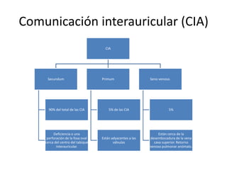 Comunicación interauricular (CIA)
                                     CIA




     Secundum                      Primum                   Seno venoso.




      90% del total de las CIA         5% de las CIA                  5%




         Deficiencia o una                                       Están cerca de la
     perforación de la fosa oval   Están adyacentes a las   desembocadura de la vena
    cerca del centro del tabique          válvulas            cava superior. Retorno
           interauricular.                                  venoso pulmonar anómalo.
 