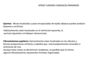 OTROS TUMORES CARDIACOS PRIMARIOS




Lipomas: Masas localizadas y poco encapsuladas de tejido adiposo pueden producir
mixomas o arritmias.
Habitualmente están localizadas en el ventrículo izquierdo, la
aurícula izquierda o el tabique interauricular.


Fibroelastomas papilares: Generalmente estan localizados en las válvulas y
forman proyecciones similares a cabellos que macroscópicamente recuerdan a
anémonas de mar.
Aunque estas masas se denominan neoplasias, es posibles que al menos
algunos fibroelastomas representen trombos organizados.
 