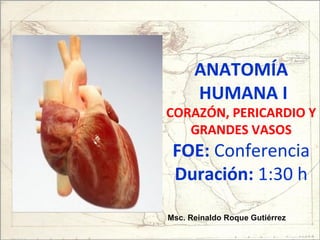 ANATOMÍA
HUMANA I
CORAZÓN, PERICARDIO Y
GRANDES VASOS
FOE: Conferencia
Duración: 1:30 h
Msc. Reinaldo Roque Gutiérrez
 