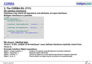 © Peter R. Egli 2015
10/27
Rev. 1.90
CORBA indigoo.com
3. The CORBA IDL (6/11)
Passing context information in operations:
Contexts allow mapping a set of identifiers to a set of string values. In the code that the IDL
compiler generates, the context is passed like an ordinary argument.
//IDL
module BankSimple
{
...
interface Account {
void deposit(in CashAmount amount)
context (“sys_time”, “sys_location”);
...
};
};
Generated code:
public interface AccountOperations
{
void withdraw (float amount, org.omg.CORBA.Context $context);
}
 