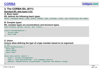 © Peter R. Egli 2015
12/27
Rev. 1.90
CORBA indigoo.com
3. The CORBA IDL (8/11)
IDL forward declarations:
Similar to C++, IDL allows forward declarations.
Forward declarations are required when interfaces reference each other.
// IDL
module BankSimple {
interface Account; // Forward declaration of Account
interface Bank {
Account create_account (in string name);
Account find_account (in string name);
};
// Full definition of Account.
interface Account {
...
};
Constants in IDL:
Like other languages, IDL allows defining constants.
module BankSimple {
interface Bank {
const long MaxAccounts = 10000;
const float Factor = (10.0 - 6.5) * 3.91;
...
};
};
 