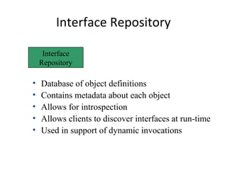 Interface Repository
Interface
Repository
Object Adapter
• Database of object definitions
• Contains metadata about each object
• Allows for introspection
• Allows clients to discover interfaces at run-time
• Used in support of dynamic invocations
 