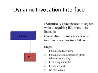 Dynamic Invocation Interface
Client
DII
Object Adapter
• Dynamically issue requests to objects
without requiring IDL stubs to be
linked in
• Clients discover interfaces at run-
time and learn how to call them
Steps:
1. Obtain interface name
2. Obtain method description (from
interface repository)
3. Create argument list
4. Create request
5. Invoke request
 
