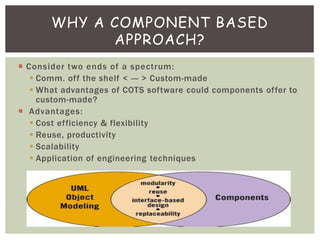  Consider two ends of a spectrum:
 Comm. off the shelf < --- > Custom-made
 What advantages of COTS software could components offer to
custom-made?
 Advantages:
 Cost efficiency & flexibility
 Reuse, productivity
 Scalability
 Application of engineering techniques
WHY A COMPONENT BASED
APPROACH?
 