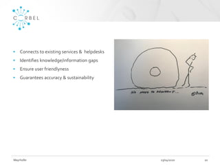 23/04/2020Mayrhofer 20
• Connects to existing services & helpdesks
• Identifies knowledge/information gaps
• Ensure user friendlyness
• Guarantees accuracy & sustainability
 
