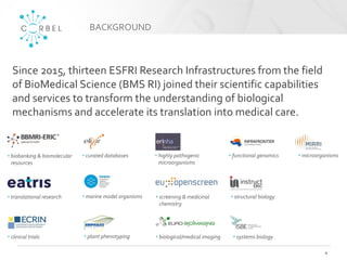 BACKGROUND
4
Since 2015, thirteen ESFRI Research Infrastructures from the field
of BioMedical Science (BMS RI) joined their scientific capabilities
and services to transform the understanding of biological
mechanisms and accelerate its translation into medical care.
• biobanking & biomolecular
resources
• curated databases
• marine model organisms
• systems biology
• translational research
• functional genomics
• screening & medicinal
chemistry
• microorganisms
• clinical trials
• structural biology
• biological/medical imaging• plant phenotyping
• highly pathogenic
microorganisms
 