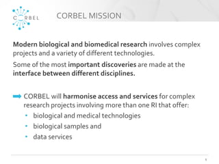 CORBEL MISSION
5
Modern biological and biomedical research involves complex
projects and a variety of different technologies.
Some of the most important discoveries are made at the
interface between different disciplines.
CORBEL will harmonise access and services for complex
research projects involving more than one RI that offer:
• biological and medical technologies
• biological samples and
• data services
 