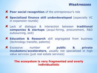 Poor social recognition of the entrepreneur’s role Specialized finance still underdeveloped (especially VC in expansion rounds) Lack of dialogue & interaction between traditional companies & startups (acqui-hiring, procurement, R&D outsourcing, exit) Education & Research still segregated from business (technology transfer, patents) Excessive number of public & private incubators/accelerators, usually not specialized in high value services (just real estate services) 
The ecosystem is very fragmented and overly individualistic 
Weaknesses  