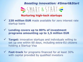 Nurturing high-tech startups 
220 million EUR made available for zero interest rate startup loans 
Lending covers up to 80% of investment programs amounting up to 1,5 million EUR 
Target: innovative startups and individuals willing to set up one within 60 days, including extra-EU citizens holding a Startup Visa 
Fast-track for programs financed for at least 30% with capital provided by qualified investors 
Boosting innovation: #Smart&Start  
