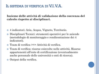 IL SISTEMA DI VERIFICA DI V.I.V.A.
 4 indicatori: Aria, Acqua, Vigneto, Territorio.
 Disciplinari Tecnici: strumenti operativi per le aziende
(metodologie di monitoraggio e rendicontazione dei 4
indicatori).
 Team di verifica >>> Attività di verifica.
 Team di verifica: risorse coinvolte nelle attività. Risorse
appartenenti all’ente di certificazione (eventualmente
anche personale delle università o enti di ricerca).
 Output della verifica.
Insieme delle attività di validazione della coerenza del
calcolo rispetto ai disciplinari.
 