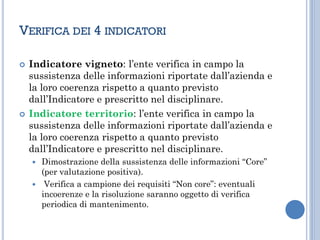 VERIFICA DEI 4 INDICATORI
 Indicatore vigneto: l’ente verifica in campo la
sussistenza delle informazioni riportate dall’azienda e
la loro coerenza rispetto a quanto previsto
dall’Indicatore e prescritto nel disciplinare.
 Indicatore territorio: l’ente verifica in campo la
sussistenza delle informazioni riportate dall’azienda e
la loro coerenza rispetto a quanto previsto
dall’Indicatore e prescritto nel disciplinare.
 Dimostrazione della sussistenza delle informazioni “Core”
(per valutazione positiva).
 Verifica a campione dei requisiti “Non core”: eventuali
incoerenze e la risoluzione saranno oggetto di verifica
periodica di mantenimento.
 