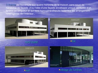 3 thème de l’ouverture aux quatre horizons de la maison ,sans souci de
hiérarchie de façade ,d’ou l’idée d’une façade enveloppe unique ceinturée d’un
fenêtre en longueur et qui rend homogène d’epuis l’extérieur les arrangement
hétérogènes de l’intérieur .

nord ouest

•sud

•Est

•vitrage de l’entres

 