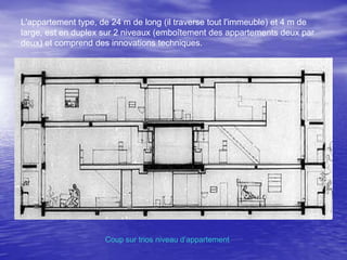 L'appartement type, de 24 m de long (il traverse tout l'immeuble) et 4 m de
large, est en duplex sur 2 niveaux (emboîtement des appartements deux par
deux) et comprend des innovations techniques.

Coup sur trios niveau d’appartement

 