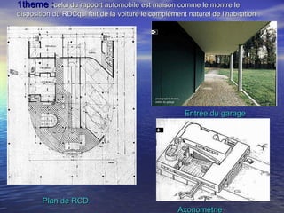 1theme :1theme :celui du rapport automobile est maison comme le montre lecelui du rapport automobile est maison comme le montre le
disposition du RDCqui fait de la voiture le complément naturel de l’habitation .disposition du RDCqui fait de la voiture le complément naturel de l’habitation .
Entrée du garageEntrée du garage
Plan de RCDPlan de RCD
AxonométrieAxonométrie
 