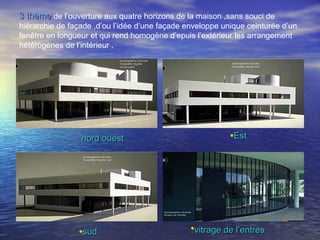 3 thème3 thème de l’ouverture aux quatre horizons de la maison ,sans souci de
hiérarchie de façade ,d’ou l’idée d’une façade enveloppe unique ceinturée d’un
fenêtre en longueur et qui rend homogène d’epuis l’extérieur les arrangement
hétérogènes de l’intérieur .
•vitrage de l’entresvitrage de l’entres•sudsud
nord ouestnord ouest •EstEst
 
