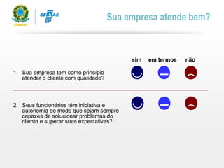Sua empresa atende bem?
sim em termos não
1. Sua empresa tem como princípio
atender o cliente com qualidade?
2. Seus funcionários têm iniciativa e
autonomia de modo que sejam sempre
capazes de solucionar problemas do
cliente e superar suas expectativas?
 