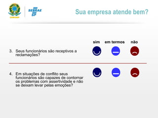 sim em termos não
3. Seus funcionários são receptivos a
reclamações?
4. Em situações de conflito seus
funcionários são capazes de contornar
os problemas com assertividade e não
se deixam levar pelas emoções?
Sua empresa atende bem?
 