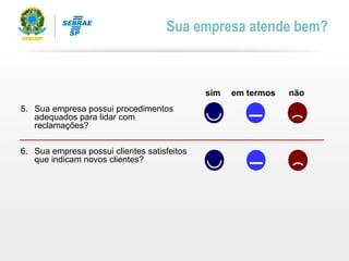 sim em termos não
5. Sua empresa possui procedimentos
adequados para lidar com
reclamações?
6. Sua empresa possui clientes satisfeitos
que indicam novos clientes?
Sua empresa atende bem?
 