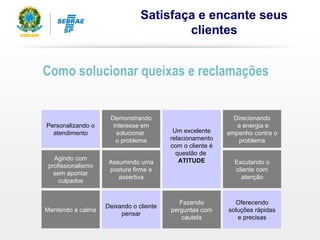 Como solucionar queixas e reclamações
Personalizando o
atendimento
Agindo com
profissionalismo
sem apontar
culpados
Mantendo a calma
Demonstrando
interesse em
solucionar
o problema
Assumindo uma
postura firme e
assertiva
Deixando o cliente
pensar
Um excelente
relacionamento
com o cliente é
questão de
ATITUDE
Fazendo
perguntas com
cautela
Direcionando
a energia e
empenho contra o
problema
Escutando o
cliente com
atenção
Oferecendo
soluções rápidas
e precisas
Satisfaça e encante seus
clientes
 